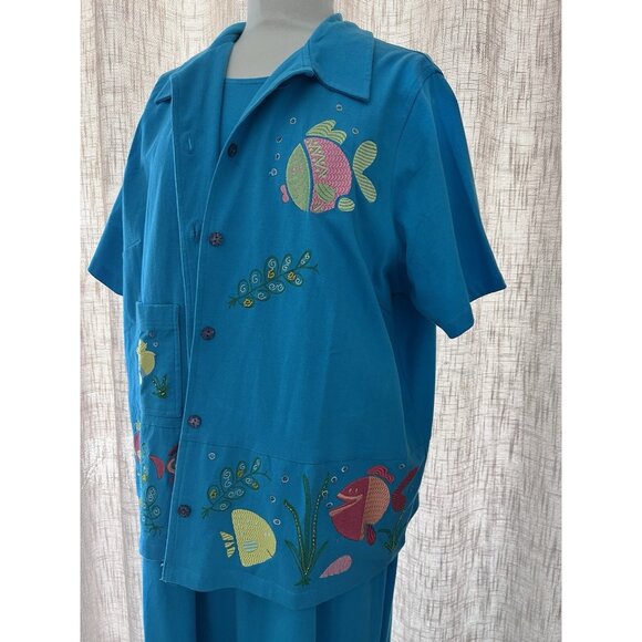 Davina Women's Artsy Size 1X blue maxi dress & jacket embroidered fish casual - Picture 10 of 15